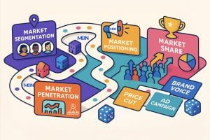 A colorful, modern board game designed like a market strategy business map.